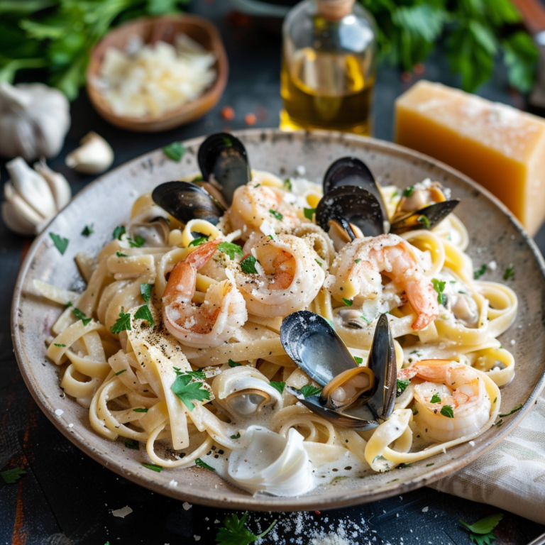 Фетучини с морепродуктами и сливочным соусом