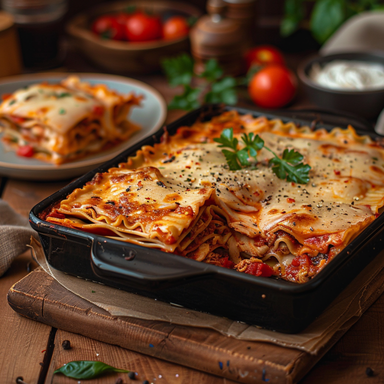 Лазанья с курицей и помидорами