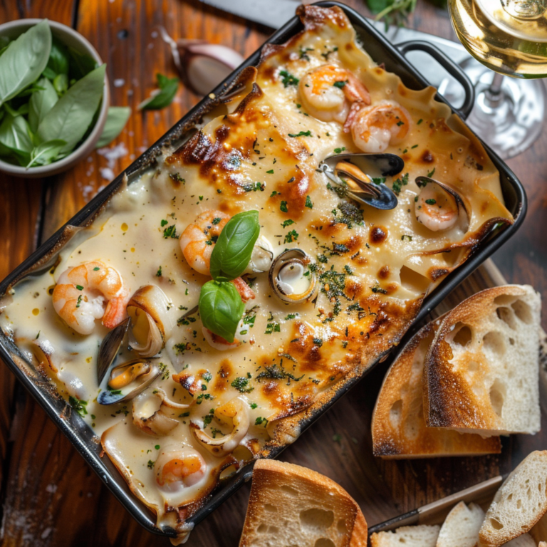 Лазанья с морепродуктами и чесноком