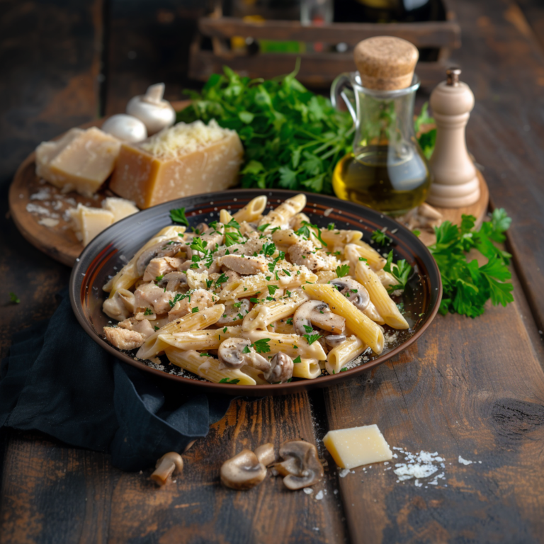 Пенне с курицей и грибами