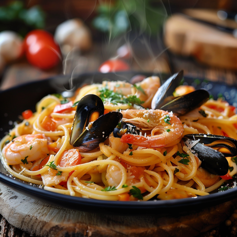 Спагетти с морепродуктами и чесноком