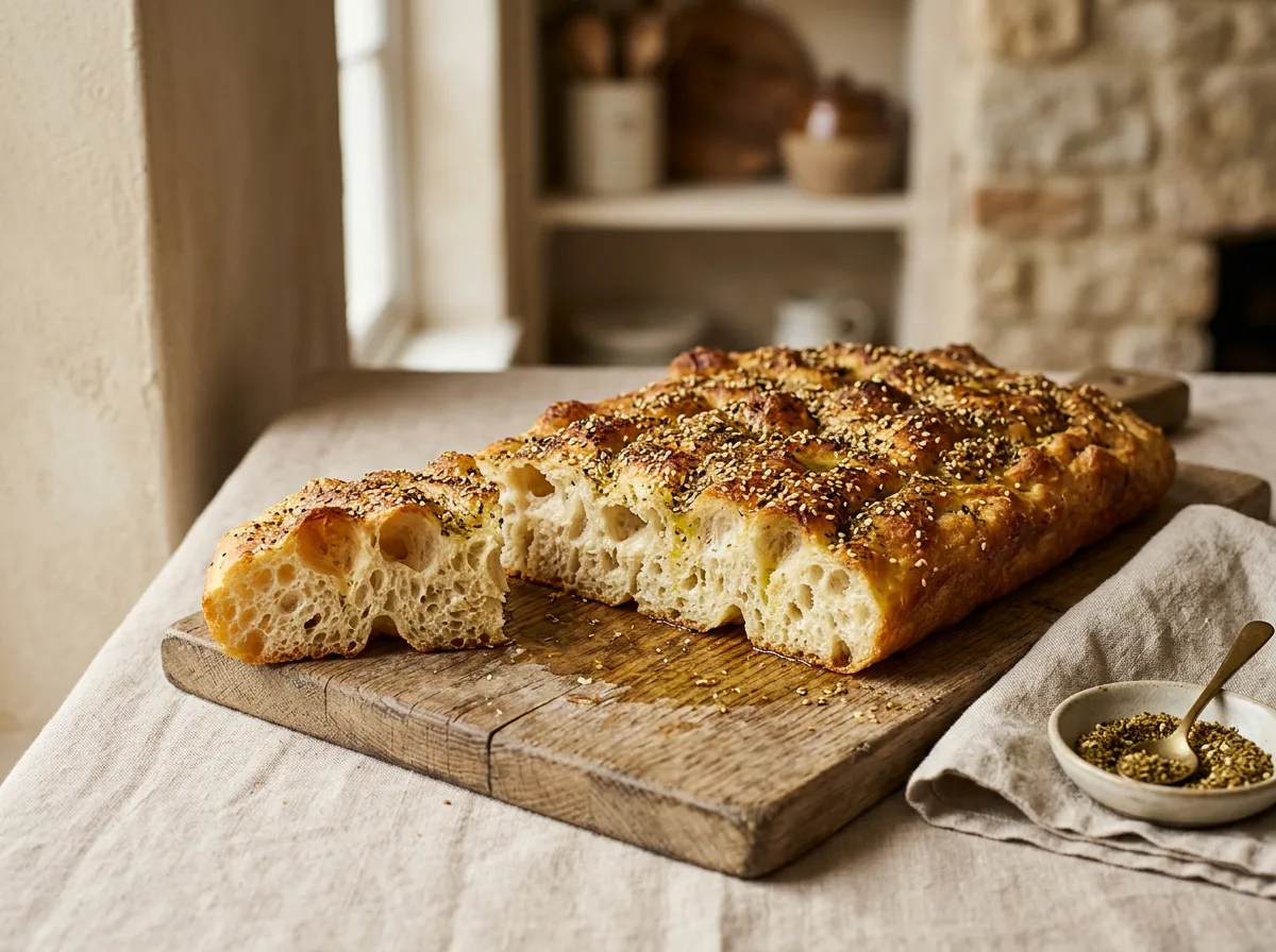 Фокачча с золотистой корочкой, оливковым маслом и заатаром с кунжутом, отломленный кусок показывает мякиш